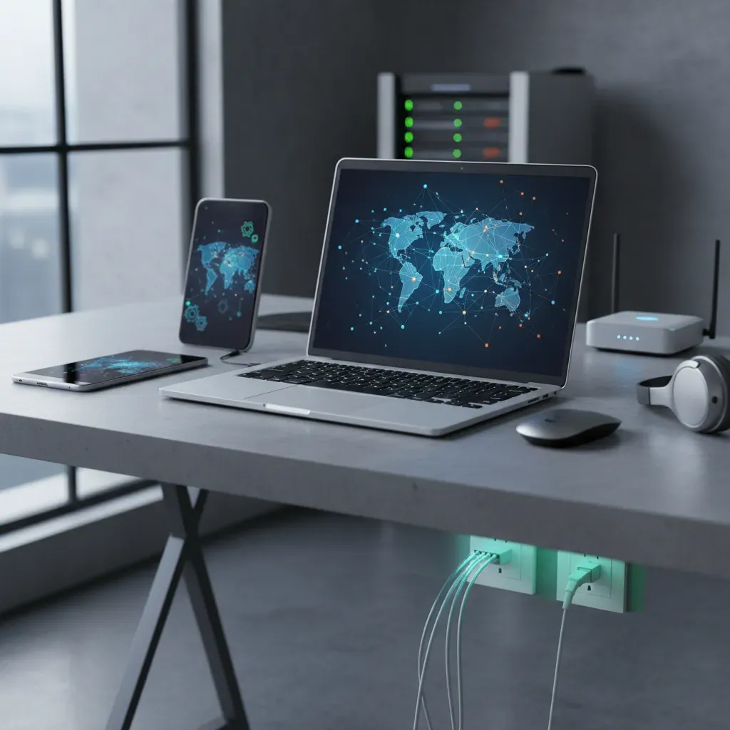 Ein moderner Arbeitsplatz mit Laptop, Smartphone und Router auf einem Holzschreibtisch.