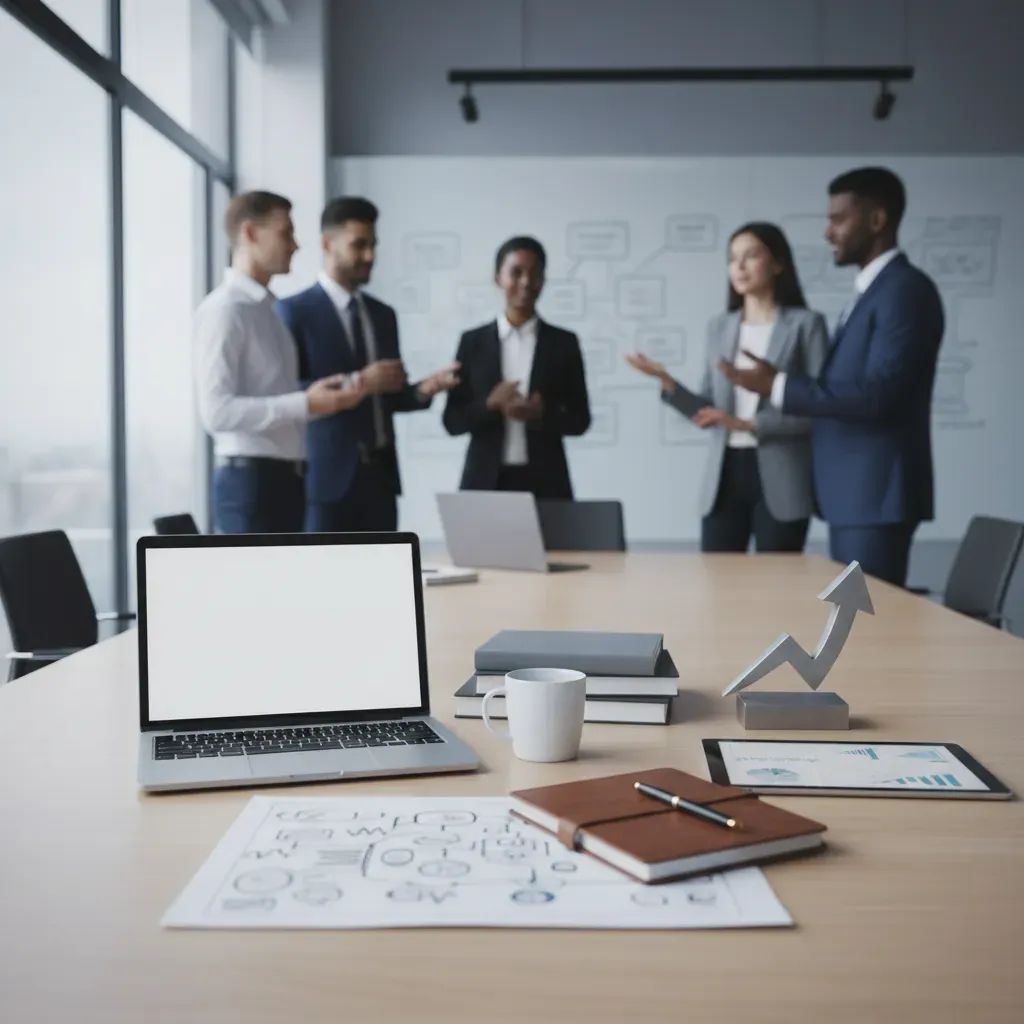 Moderner Arbeitsplatz mit Notizbuch, Stift und Laptop für die Unternehmensplanung.