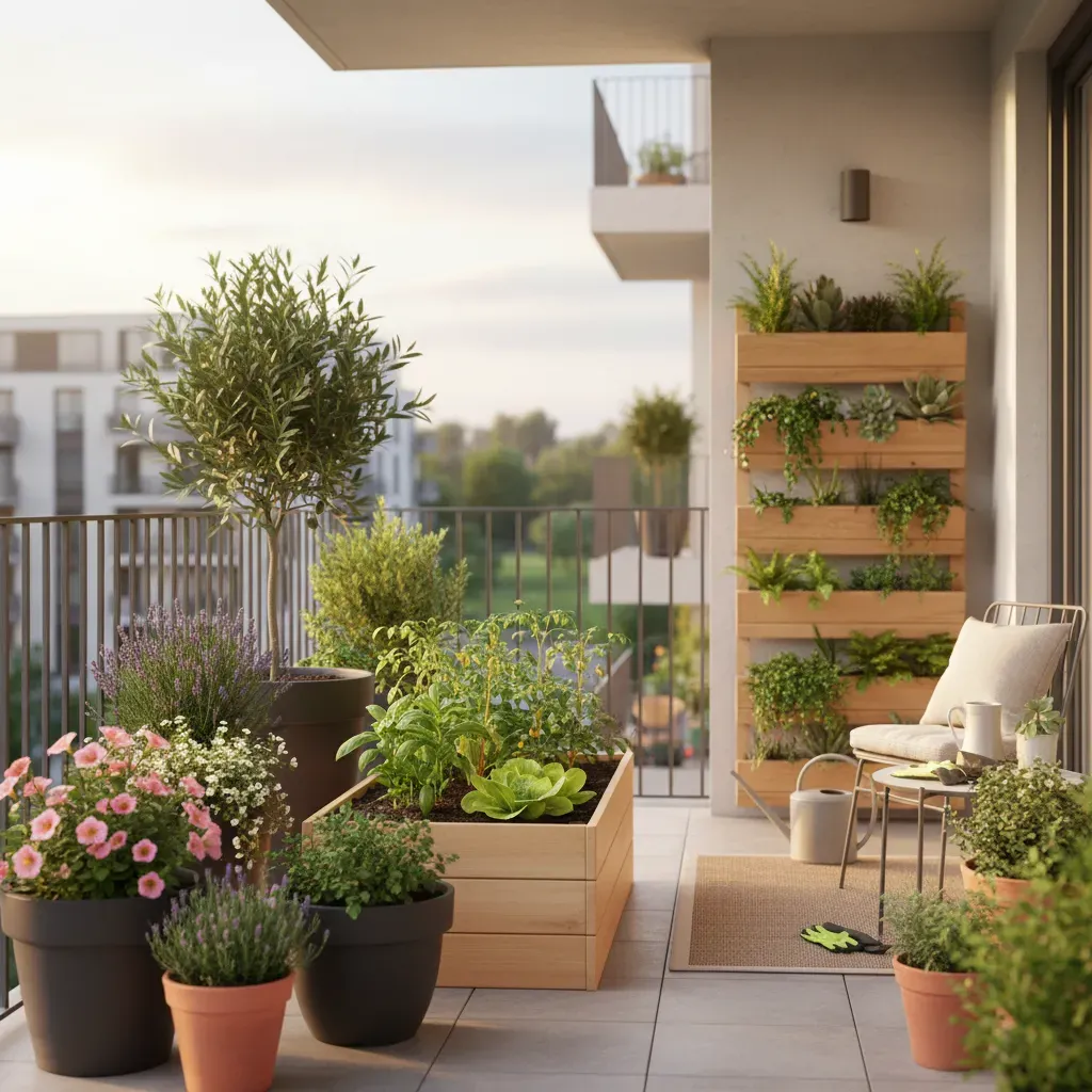 Ästhetisch bepflanzter Balkon mit üppigen Kübelpflanzen, frischen Kräutern und modernen Gartenutensilien.