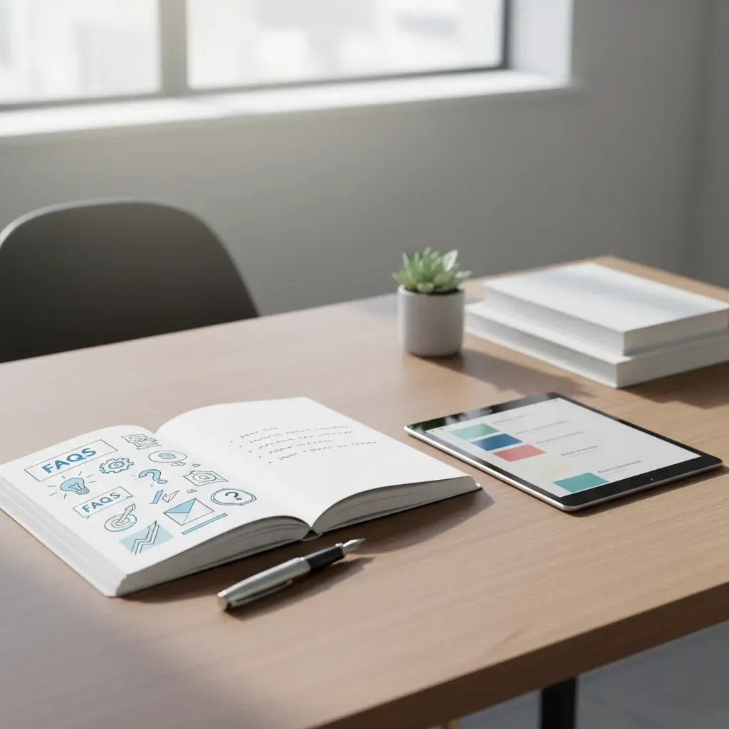 Moderner Arbeitsplatz mit Laptop und Notizbuch zur Recherche von Hilfe und Fragen.